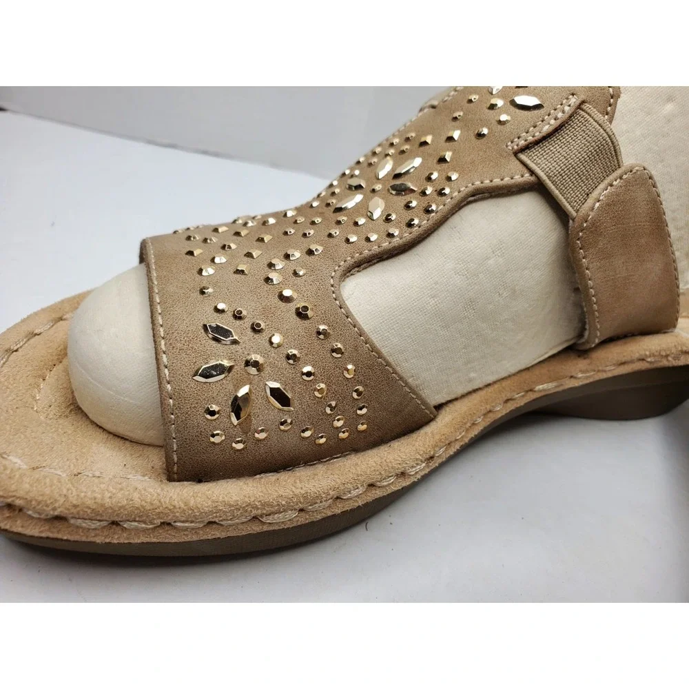 Mountain Sole Karen Sandal Tan Fabric w/Silver Rhinestones Sz 6.5M New Fast Ship